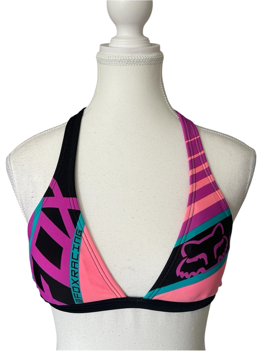Y2K “Foxy Racing” Purple and Orange Stripe Graphic Bikini Top